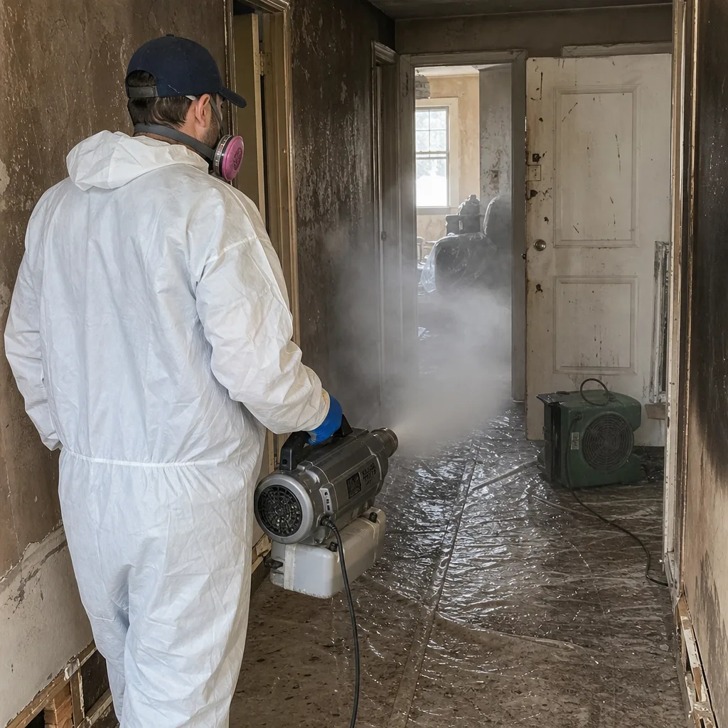 Professional cleaning smoke damage with industrial fogging equipment in a hallway