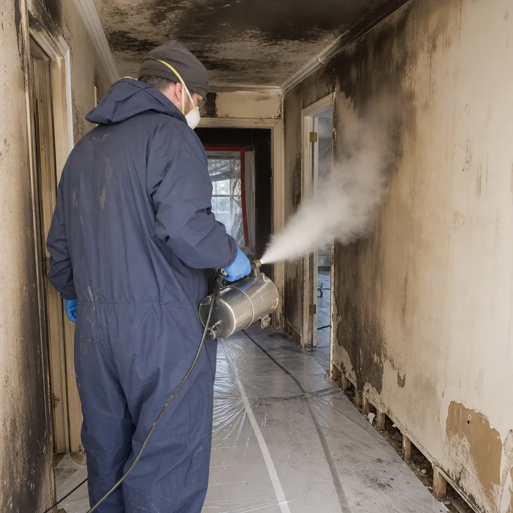 Technician performing professional fire and smoke damage restoration and cleaning services