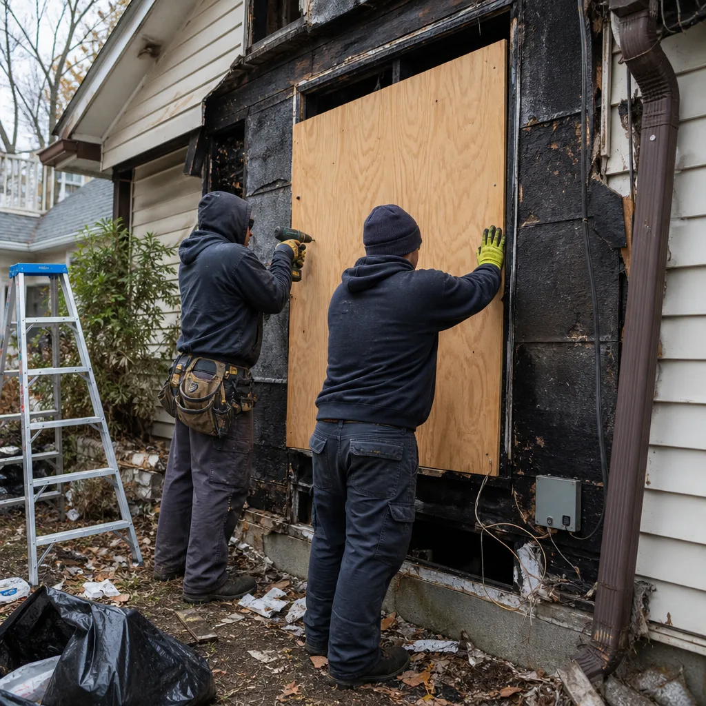 Two technicians boarding up fire-damaged wall exterior during restoration