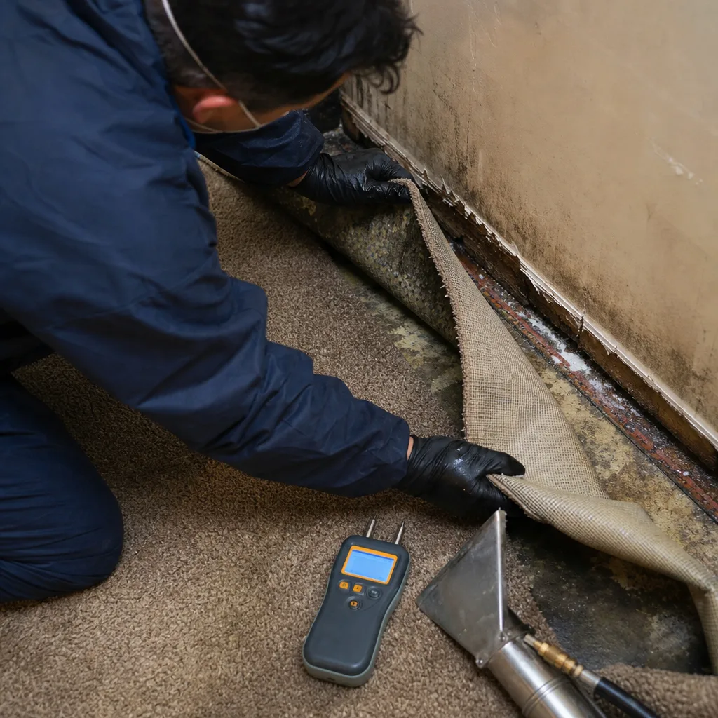 Water damage restoration professional using a moisture meter on damaged carpet