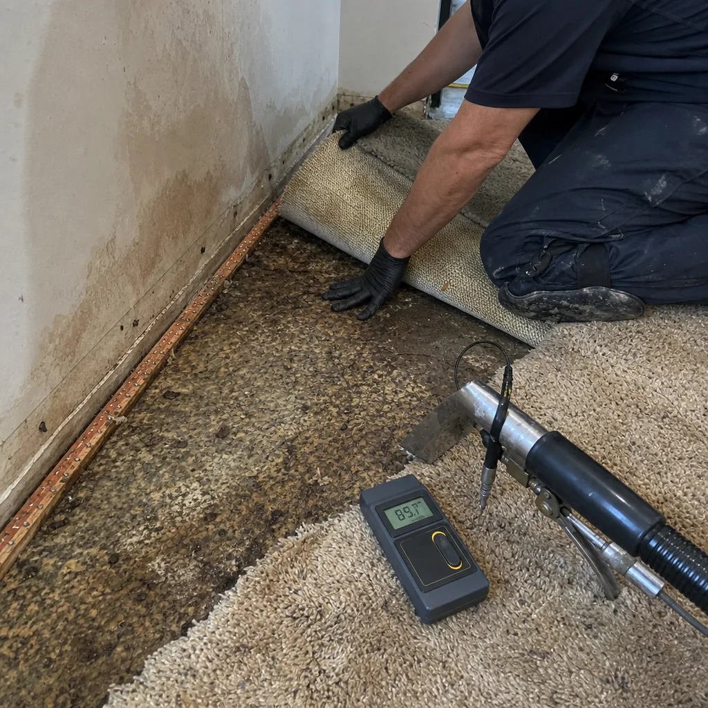 Water damage restoration professional testing moisture levels in carpet and subfloor