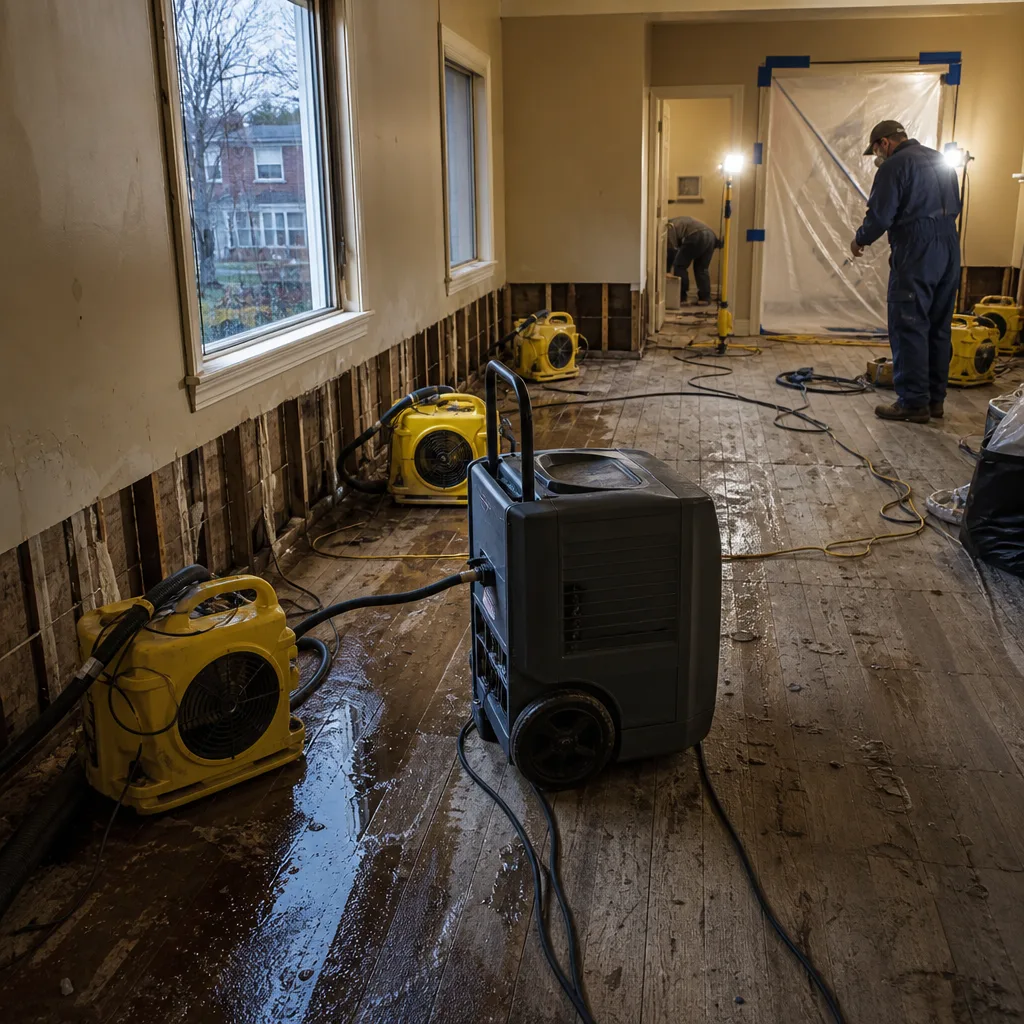 Water damage restoration technicians operating industrial drying equipment in a damaged home
