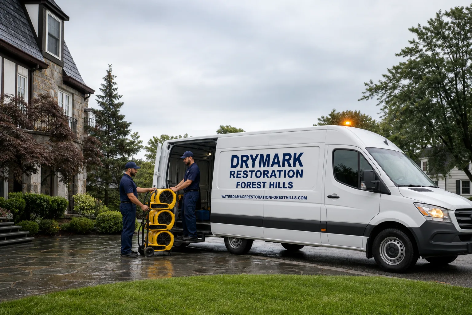 DryMark Restoration Forest Hills damage restoration service vehicle and crew in Forest Hills, NY